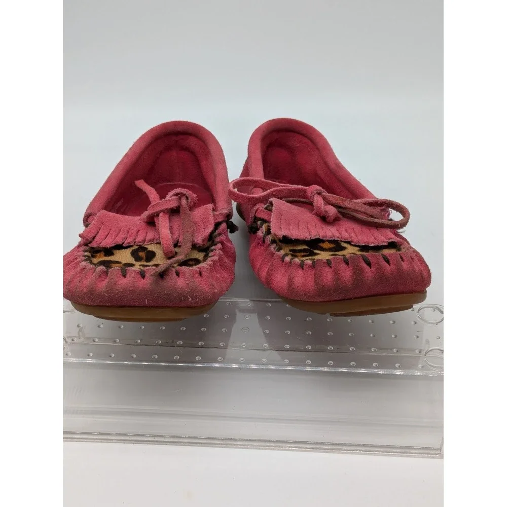 Minnetonka Girls Moccasins Size 1 Pink Suede Leopard Print Fringe Shoes